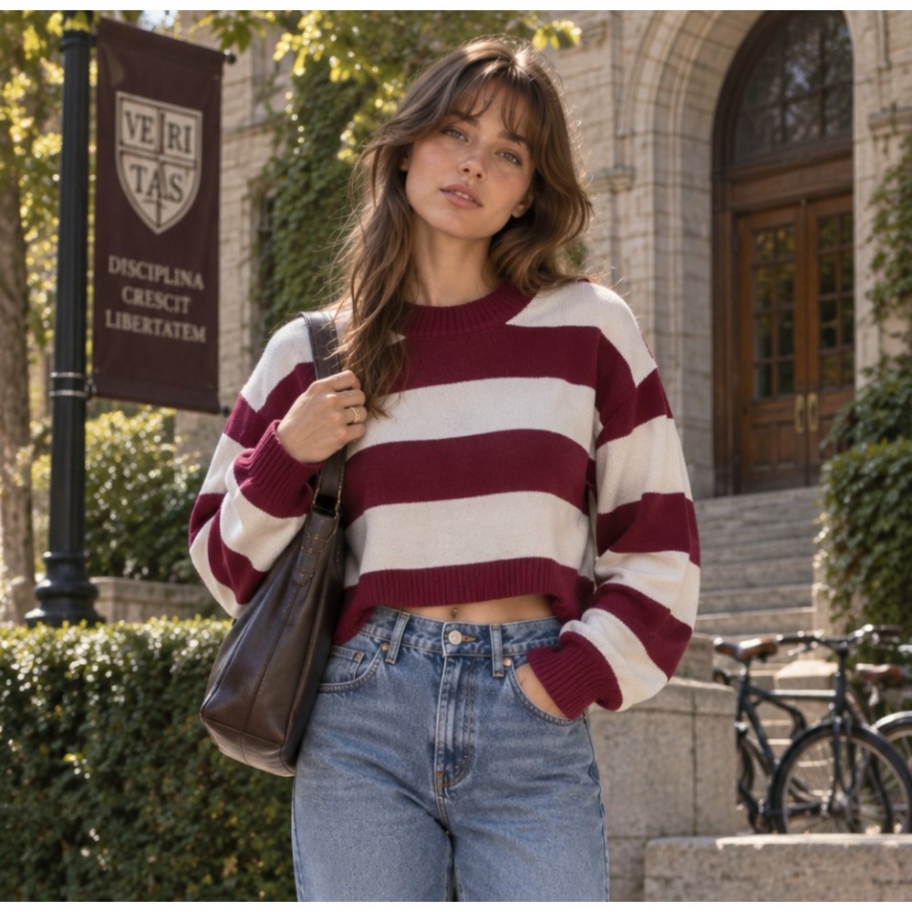 Le Lis Cropped Sweater Womens M Burgundy Striped Rugby Preppy Varsity Cotton